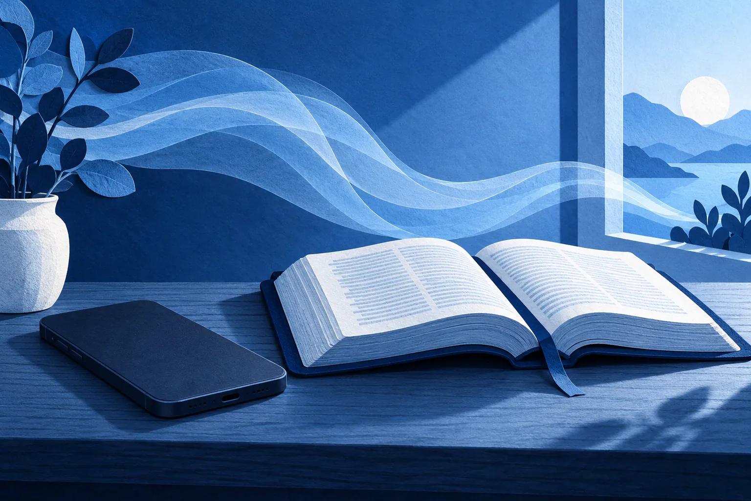Phone placed face-down beside an open Bible, with a gentle breathing line in the background