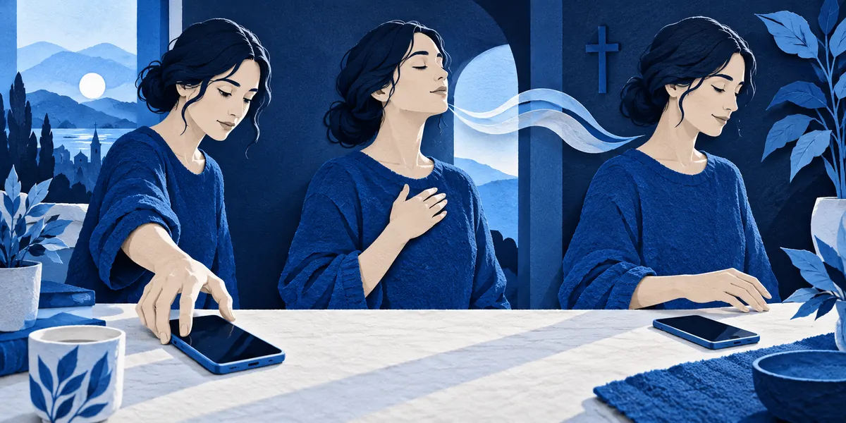 Three illustrated moments: reach for the phone, pause for a breath prayer, and consciously leave the phone down