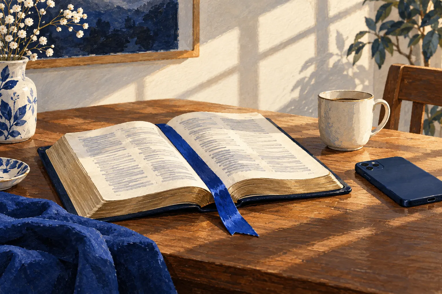 Open Bible in soft morning light with a phone turned face down beside it