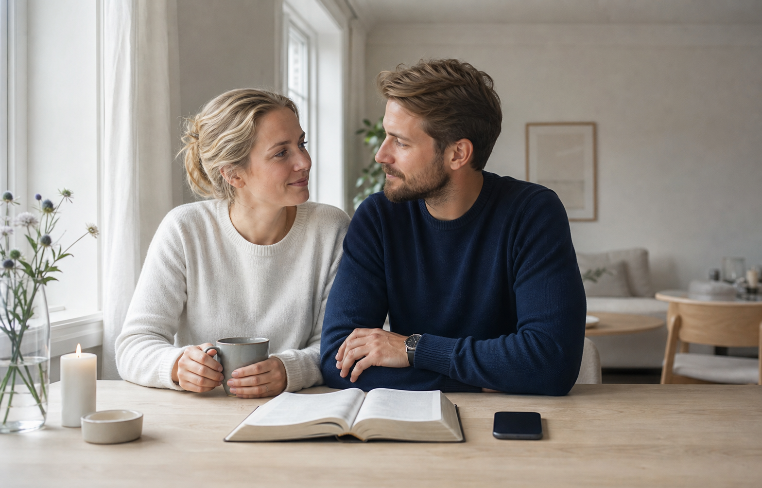 Um casal nórdico partilha uma manhã tranquila junto de uma Bíblia aberta e de um telemóvel pousado com o ecrã para baixo