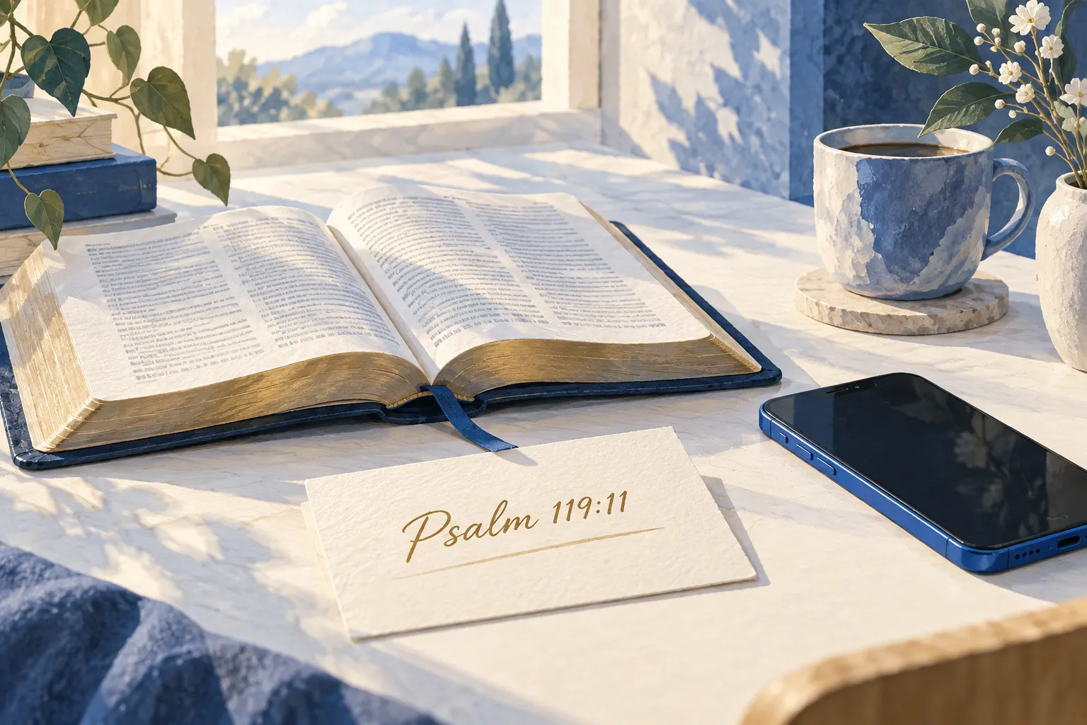 Karteikarte mit Psalm 119,11 neben aufgeschlagener Bibel und ruhendem Handy