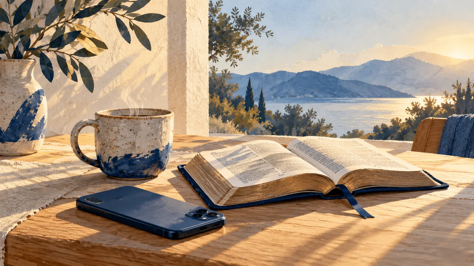 Umgedrehtes Smartphone neben aufgeschlagener Bibel und Tasse im Morgenlicht