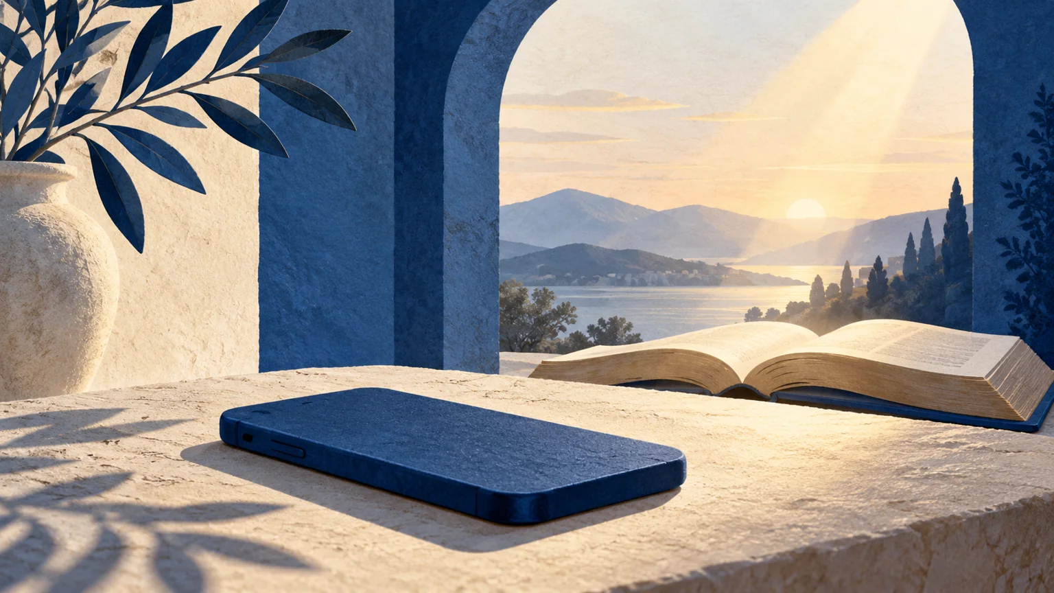 Abstraktes kobaltblaues Smartphone neben offener Bibel unter einem Bogen im Morgenlicht